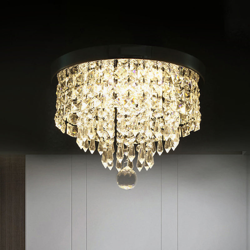 Glamorous Crystal Drum Ceiling Light In Chrome - Flush Mount Fixture