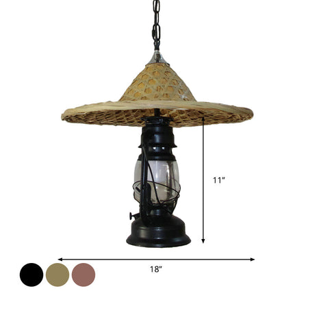 Rustic Clear Glass Kerosene Pendant Ceiling Hang Light In Black/Bronze/Copper With Coolie Hat Deco