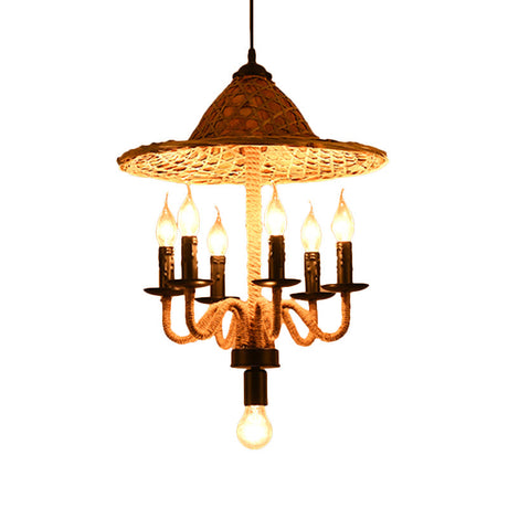 Bamboo-Woven Hat Top Bistro Ceiling Chandelier - Lodge Jute Rope Candle Style 6/7 Bulb Brown Hanging