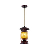 Copper 1-Light Farmhouse Pendant With Amber Ribbed Glass - Ceiling Hang Lamp For Table