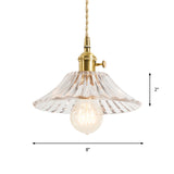 Floral Brass Hanging Lamp - Rustic Cone Pendant Light With Clear Ribbed Glass Ideal For Table
