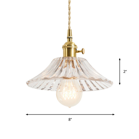 Floral Brass Hanging Lamp - Rustic Cone Pendant Light With Clear Ribbed Glass Ideal For Table