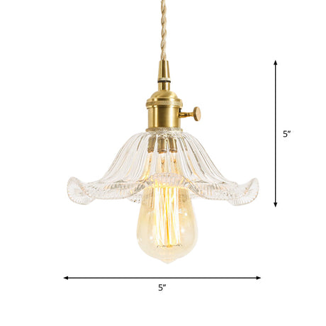 Floral Brass Hanging Lamp - Rustic Cone Pendant Light With Clear Ribbed Glass Ideal For Table