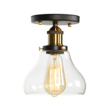 Mini Corridor Semi Flush Light Farmhouse Globe/Pear Ceiling Lamp Clear Ribbed Glass Black & Brass