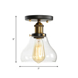 Mini Corridor Semi Flush Light Farmhouse Globe/Pear Ceiling Lamp Clear Ribbed Glass Black & Brass