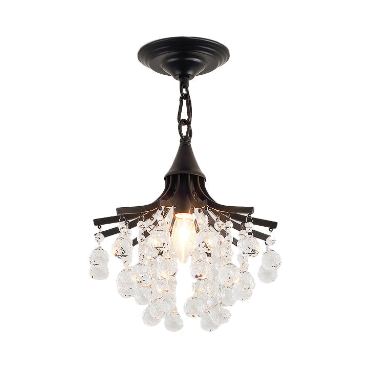 Metal Chandelier With Crystal Drop And Bare Bulb Design Black