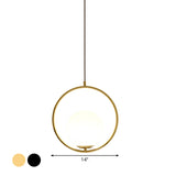 Modern Black/Gold Hanging Lamp With Frosted White Glass Ringed Pendant 10/12/14 Width