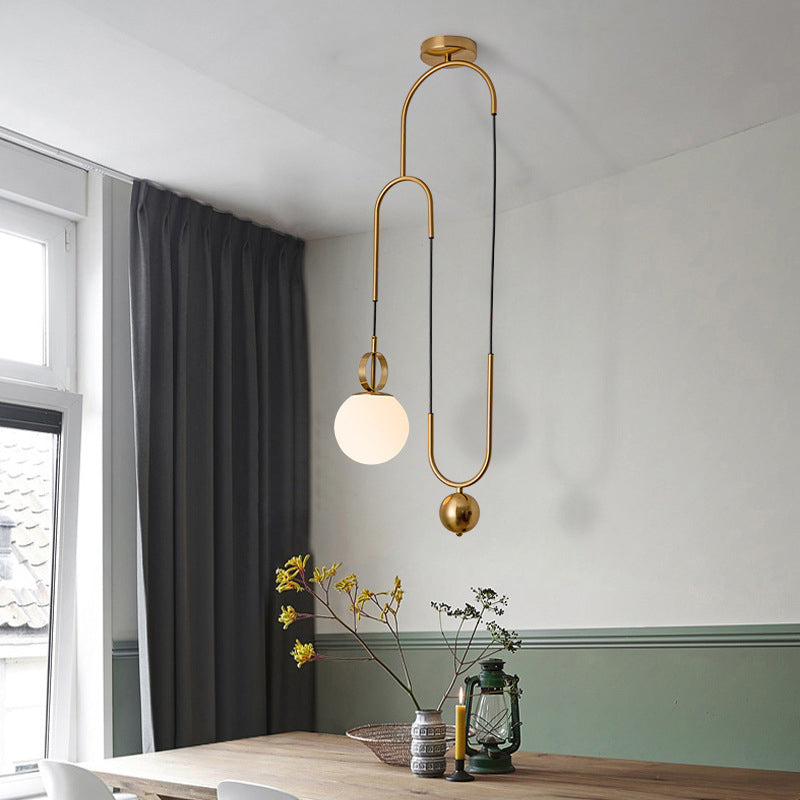 Opaline Glass Pendant Light Kit With Pulley - Postmodern 1-Light Hanging Lamp In Gold