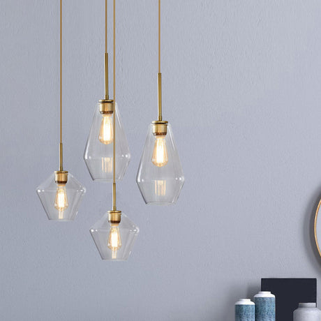 Postmodern Clear Glass Pendant Light In Gold For Restaurants - 1-Light Gyro/Gem/Diamond Design