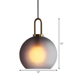 Modern Glass Sphere Pendant Light With Smoky Grey Frosted Finish Single-Bulb Brass Ceiling Hanging