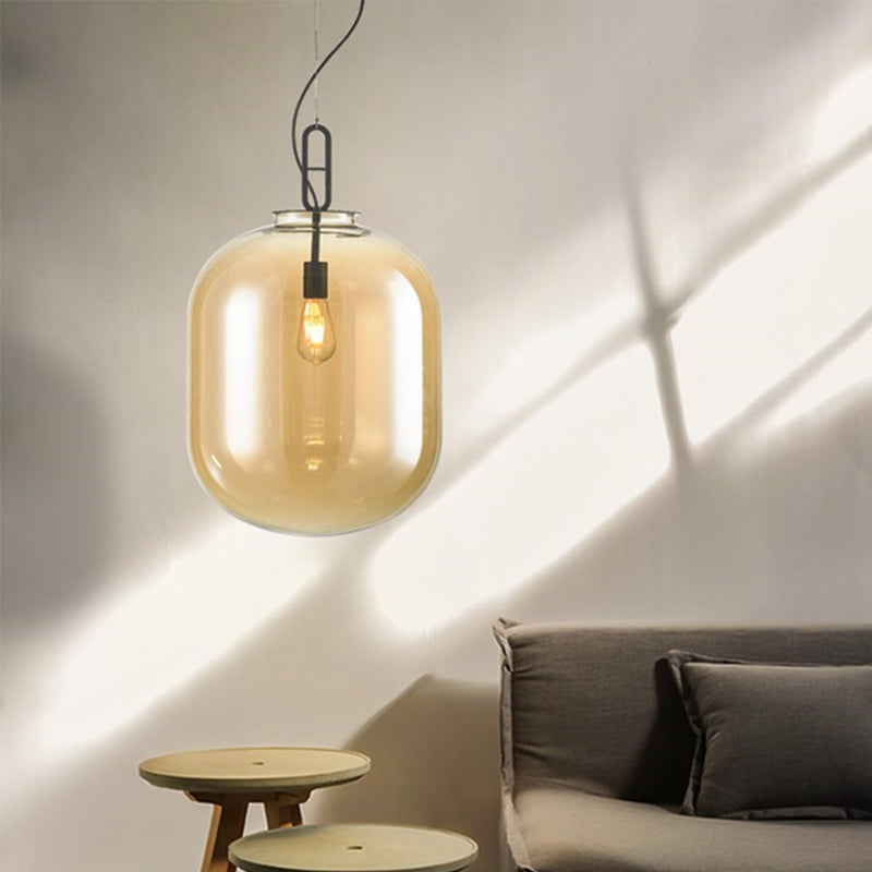 Modern Black Ovale Ceiling Pendant Light Fixture - 1 Bulb Smoke Grey/Amber Glass Sizes 9.5/14/17