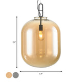 Modern Black Ovale Ceiling Pendant Light Fixture - 1 Bulb Smoke Grey/Amber Glass Sizes 9.5/14/17