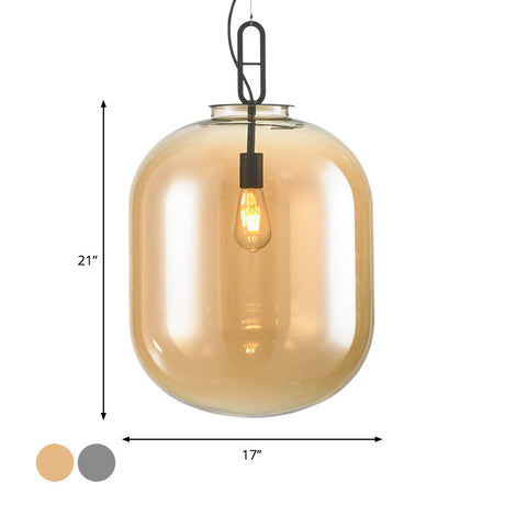 Modern Black Ovale Ceiling Pendant Light Fixture - 1 Bulb Smoke Grey/Amber Glass Sizes 9.5/14/17