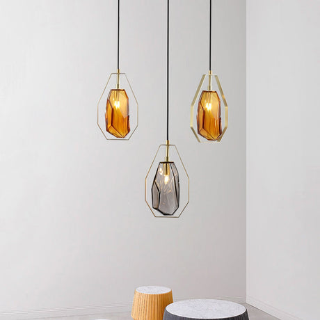 Modernist Glass Pendant Lamp With Brass Heptagon Frame - Gem Amber/Smoke Grey 1 Light Smoke Gray