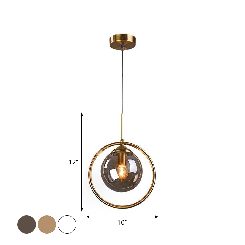 Postmodern Glass Pendant Light With Globe Down Lighting And Brass Ring For Bedroom