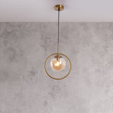Postmodern Glass Pendant Light With Globe Down Lighting And Brass Ring For Bedroom Amber