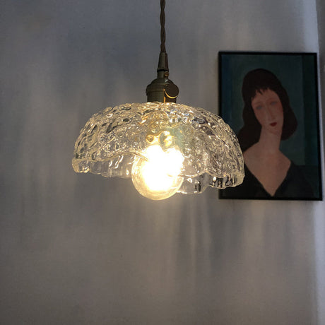 Clear Textured Glass Pendant Light With Brass Floral Rim