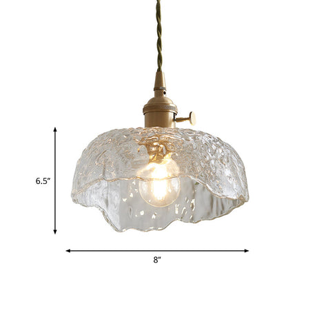 Clear Textured Glass Pendant Light With Brass Floral Rim