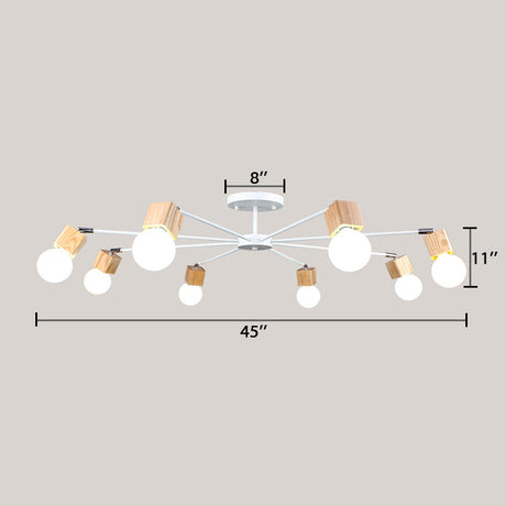 Semi-Flush Open Bulb Ceiling Light With Square Loft Style Design - 3/5 Heads Wood Metallic Mount