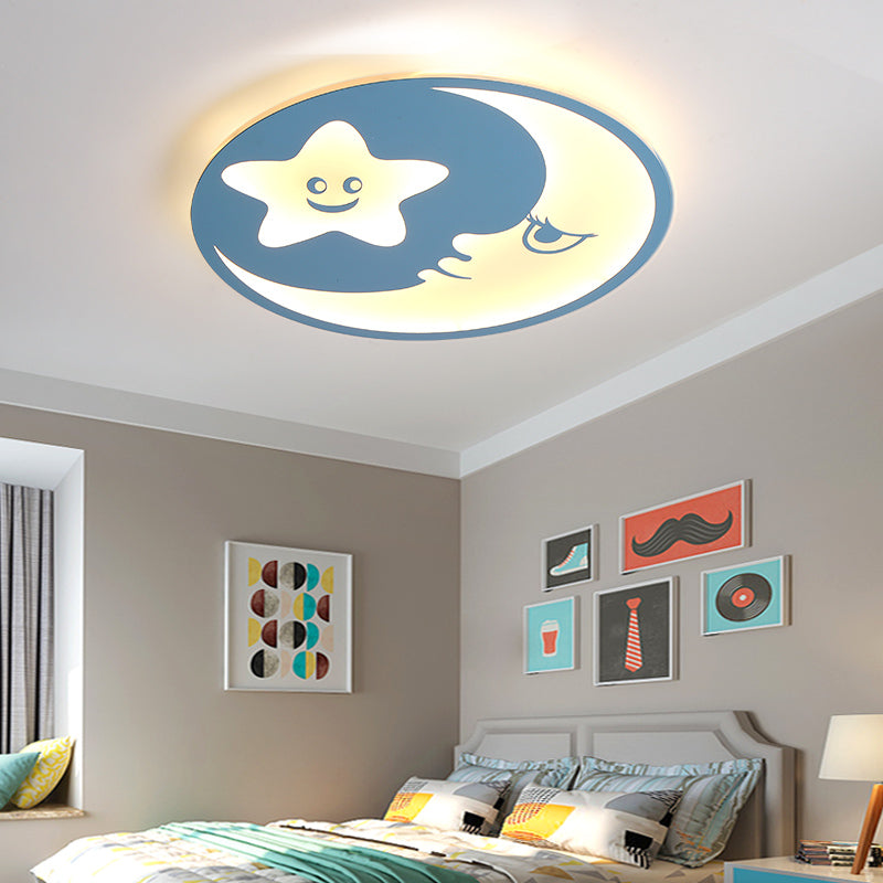 Childs Bedroom Blue Led Acrylic Ceiling Light With Smiling Moon & Stars / Warm