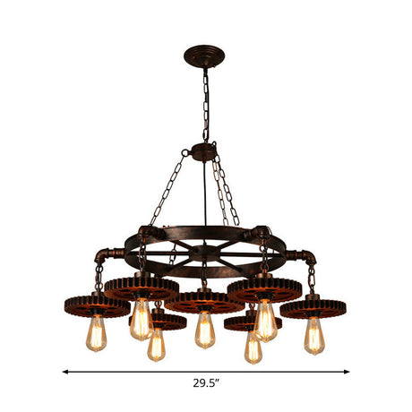 Loft Style Wood Carved Gear Chandelier Lamp In Antique Bronze - Bistro Pendant Lighting (1/3/7-Bulb