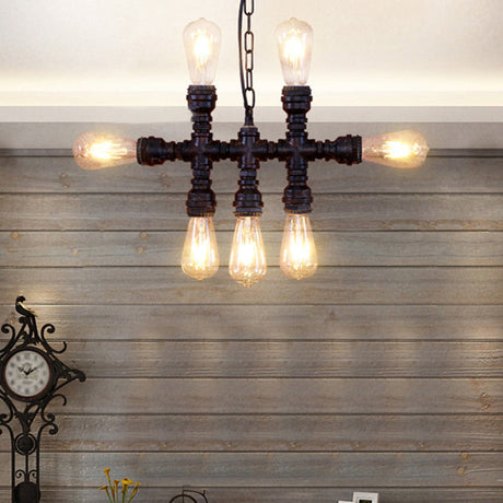 Industrial-Style Black 7-Head Chandelier: Wrought Iron Plumbing Pipe Pendant Light Fixture