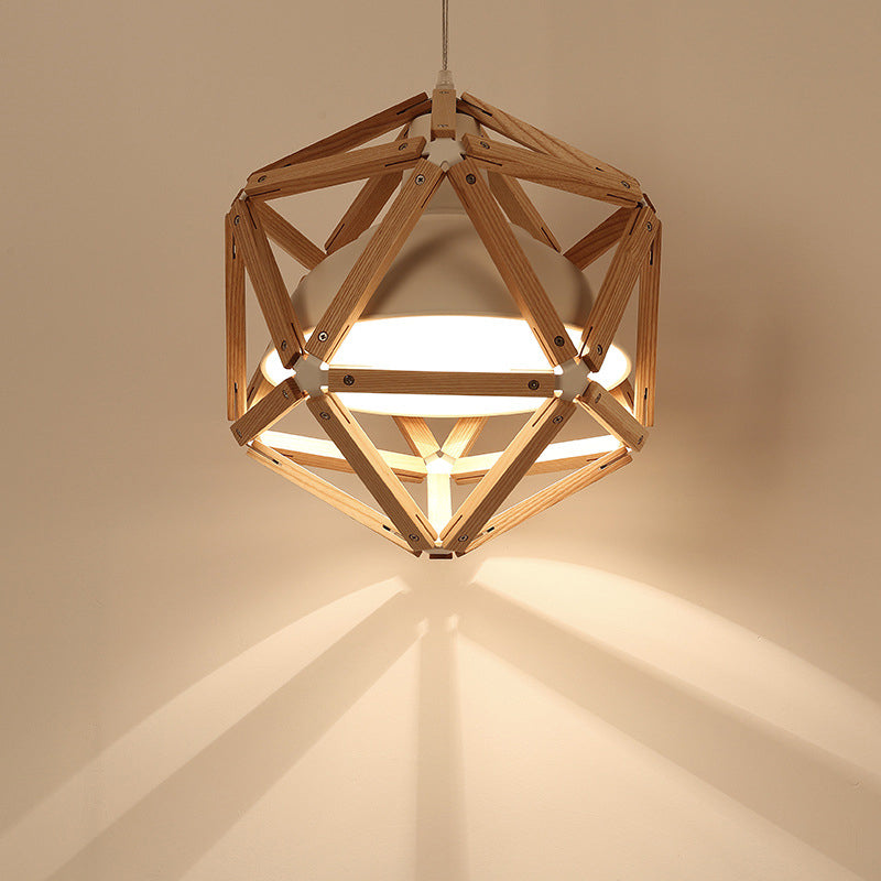 Modern Wood Geometric Kitchen Hanging Light With Metal Shade - 1-Light Pendant In Light/Dark Brown
