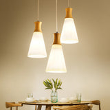 Milky Glass Cone Pendant Light With Wood Suspension And Linear/Round Canopy 3 /
