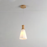 Milky Glass Cone Pendant Light With Wood Suspension And Linear/Round Canopy