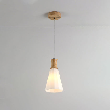 Milky Glass Cone Pendant Light With Wood Suspension And Linear/Round Canopy