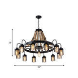 Vintage Black Metal Cage Chandelier With Rope Suspension - 7/9 Heads | Wagon Wheel Design