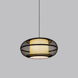 Chinese Bamboo Pendant Lamp With Ancient Riverside Town Print - Black Oval Ceiling Hanging Lantern