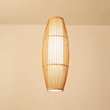 Asian Bamboo Elliptical Pendant Light - Beige Ceiling Lamp With 1 Bulb For Living Room
