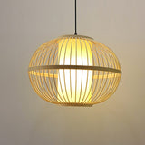 Asian Bamboo 1-Light Beige Pendant Light Fixture - Oval Suspension Lighting Inner Shade 14/16/23.5