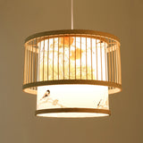 Asian Bamboo Pendant Light - Cylinder/Donut/Raindrop Shape Beige Ceiling With Inside Shade
