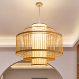 Asian Bamboo Pendant Light - Cylinder/Donut/Raindrop Shape Beige Ceiling With Inside Shade / C