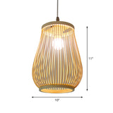 Asian Bamboo Tearoom Pendant Light - Funnel/Urn/Pear Ceiling Hanging Lamp Single-Bulb Beige