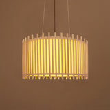 Contemporary Bamboo Drum Suspension Light - 1 Bulb 17/21.5 Wide Beige Ceiling Pendant