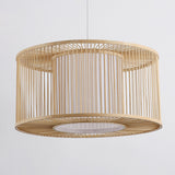 Asia Beige Bamboo Pendant Light For Kitchen Bar - 1-Light Pendulum With Drum Shade Multiple Width