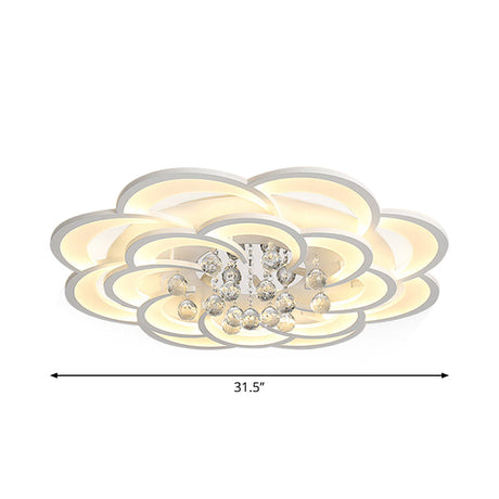 Modern Floral Girls Bedroom Led Flush Ceiling Light With Crystal Ball Drop In White - 20.5/31.5/47