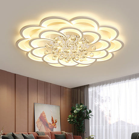 Modern Floral Girls Bedroom Led Flush Ceiling Light With Crystal Ball Drop In White - 20.5/31.5/47