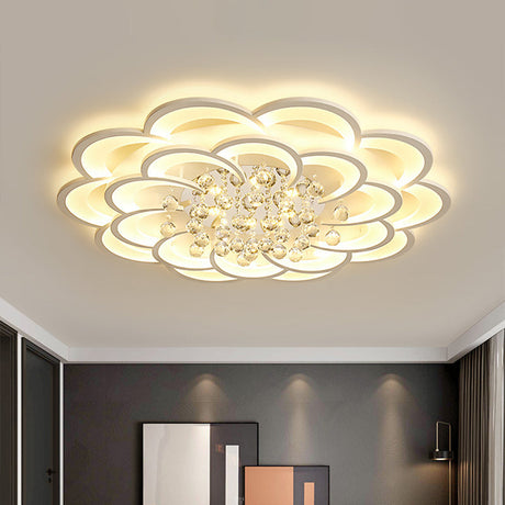 Modern Floral Girls Bedroom Led Flush Ceiling Light With Crystal Ball Drop In White - 20.5/31.5/47