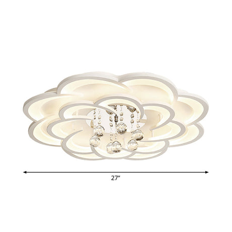 Modern Floral Girls Bedroom Led Flush Ceiling Light With Crystal Ball Drop In White - 20.5/31.5/47