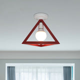 Triangle Ceiling Fixture With Cage Shade Loft-Style 1-Bulb Metal Semi-Flush Mount Light Black/Red