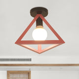 Triangle Ceiling Fixture With Cage Shade Loft-Style 1-Bulb Metal Semi-Flush Mount Light Black/Red