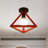 Triangle Ceiling Fixture With Cage Shade Loft-Style 1-Bulb Metal Semi-Flush Mount Light Black/Red