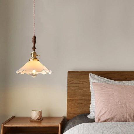 Farmhouse Scalloped Pendant Lamp - 1-Light White Glass Hanging Fixture In Brass