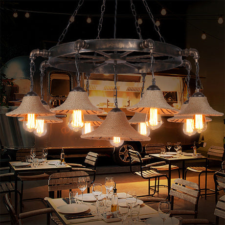 Antique Bronze 7/9-Bulb Rope Chandelier For Rustic Dining Room - Cone Shade Pendant Light 9 /
