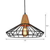 Rustic Iron Pendant Light - Black Cage/Barn/Pot Shaped 1 Bulb Restaurant Hanging Ceiling With Wood