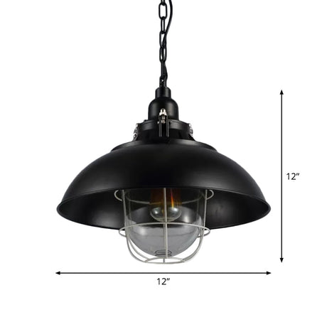 Rustic Metal Pendant Lighting With Wire Cage Clear Glass Shade - 1-Light Bistro Hanging Lamp 12/16